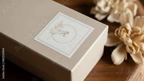 Gift box with decorative sticker and dried flowers
