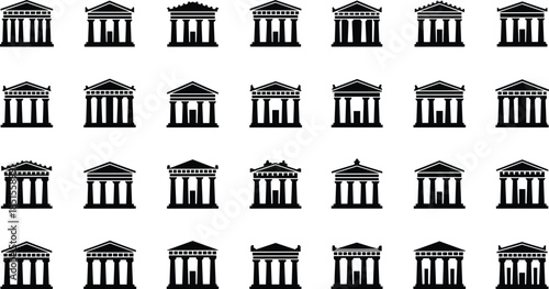 Classical building silhouettes, ancient architecture icons, Greek temple shapes, Roman column designs, historical vector symbols, black graphic elements, cad drawing flat vector illustration