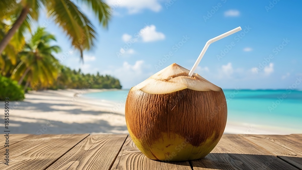 custom made wallpaper toronto digitalFresh Coconut Drink with Straw on Wooden Table with Tropical Beach and Palm Trees Background image