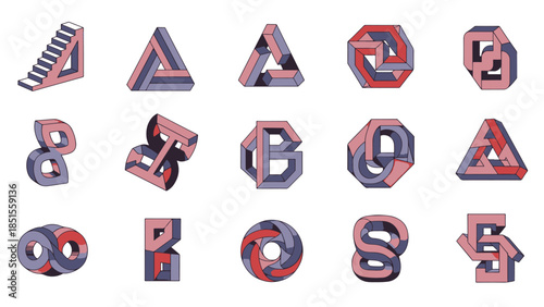 A curated set of iconic impossible figures, an isometric collection of mind-bending optical illusions in a modern graphic style.