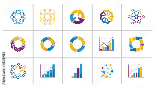 Comprehensive collection of abstract graphic icons for visualizing data, business processes, and technological networks