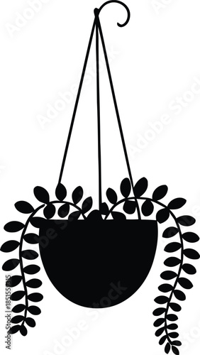Black silhouette illustration of a minimalist hanging plant with cascading foliage