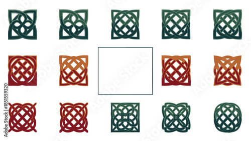 Diverse collection of traditional Celtic knot illustrations, displaying intricate patterns in cool teal and warm red-orange hues.