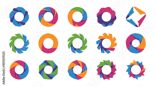 Collection of diverse rotating abstract shapes, colorful geometric forms for modern graphic design, versatile vector icon elements