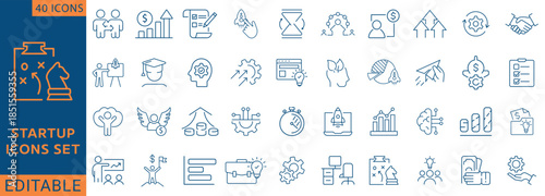 Startup icon set. Containing startup, business plan, innovation, investment, launch, funding, investor, entrepreneurship, and more. Fully Editable. Vector illustration.
