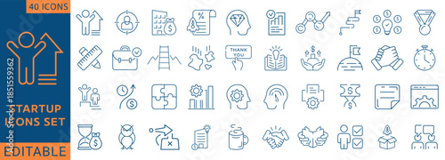Startup icon set. Containing startup, business plan, innovation, investment, launch, funding, investor, entrepreneurship, and more. Fully Editable. Vector illustration.