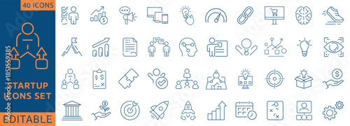 Startup icon set. Containing startup, business plan, innovation, investment, launch, funding, investor, entrepreneurship, and more. Fully Editable. Vector illustration.