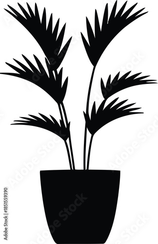 Silhouette of a potted houseplant featuring elegant palm leaves in a simple black and white design