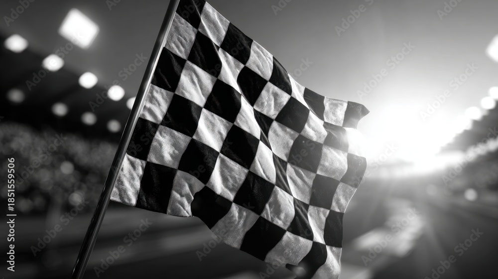 Fototapeta premium Checkered Flag: A symbol of victory waves proudly, bathed in the radiant glow of success and determination, representing the culmination of speed and skill.