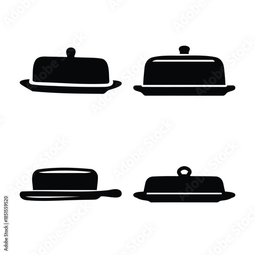 Set of butter dish icons vector. food cloche serving tray