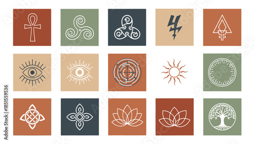 Curated grid display of various abstract symbolic illustrations: spiritual, mystical, ancient, and nature-themed designs.