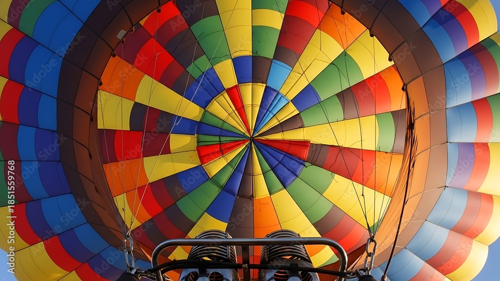 Fototapeta premium Looking up inside a brightly colored hot air balloon envelope showing burners and vibrant fabric patterns