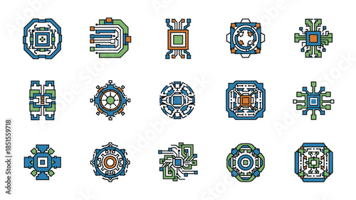 Abstract set of digital technology icons and circuit board elements showcasing futuristic graphic designs on a dark background