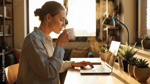Woman Working on Laptop at Home Desk.