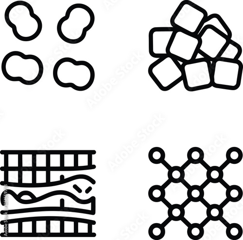Diverse scientific illustrations depicting cellular forms, molecular structures, tissue layers, and crystalline shapes