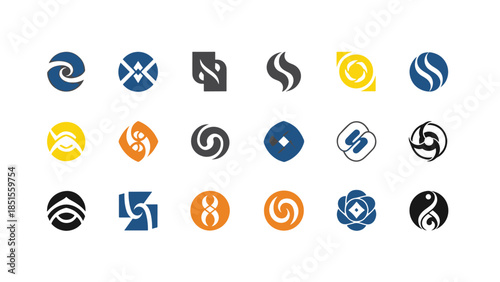 Modern abstract graphic symbols collection arranged in a grid, depicting diverse elemental concepts and energies for digital design