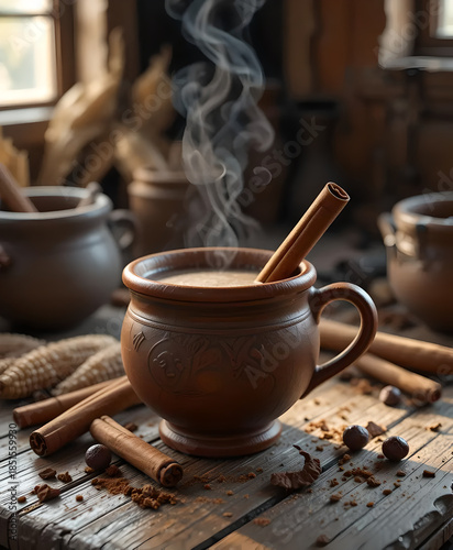 Steaming Hot Cinnamon Drink in Rustic Cup with Cinnamon Stick