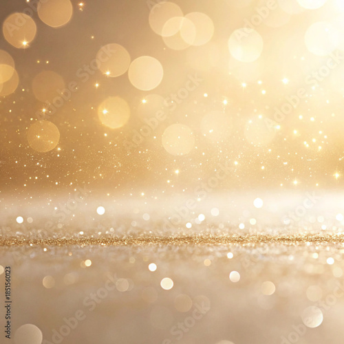 Shimmering light and gold glitter bokeh effect: an ethereal abstract composition bathed in warm golden hues, with soft-focus bokeh creating a dreamy atmosphere.