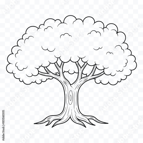 Black and white outline drawing of a large tree with a thick trunk and spreading roots vector