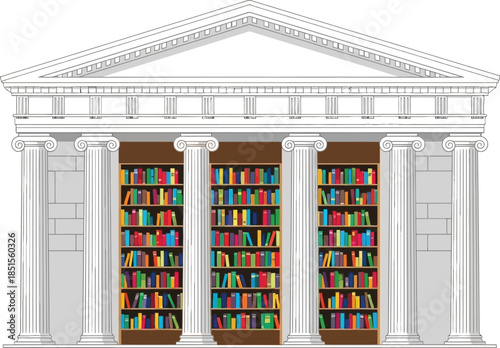 Classical building facade with bookshelves inside a detailed architectural illustration on transparent background