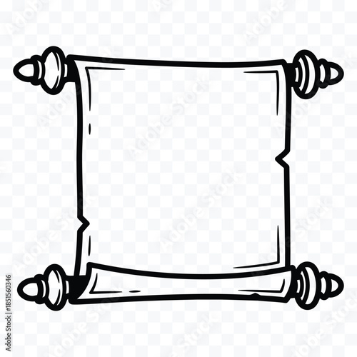 Black ink outline of an empty scroll with decorative rolled ends on a transparent background
