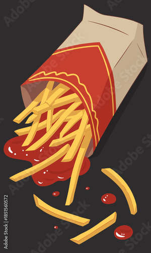 French fries spilling from a red and white carton with ketchup on a dark background.