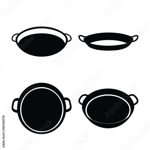 Cooking pan set icons, kitchenware pots with handles silhouette