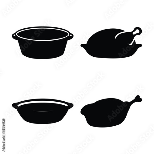 Kitchenware and roasted poultry dinner meal cooking icons.