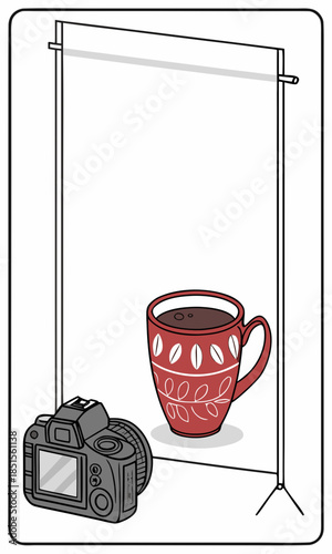 Still life photography setup with a camera and a red mug illustrating basic studio lighting for product shots.
