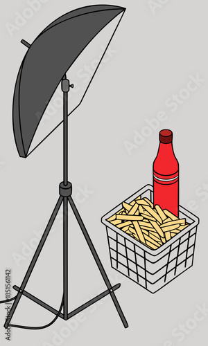 Studio setup with softbox a basket of french fries and a ketchup bottle ready for food photography.