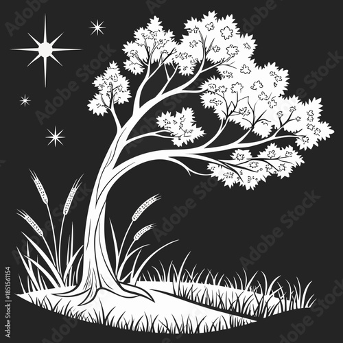 Stylized nocturnal landscape with a solitary tree tall grass and twinkling stars in a dark sky.