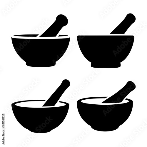 Mortar and pestle icons set for grinding and crushing
