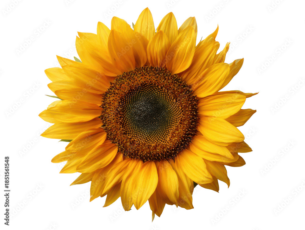 Fototapeta premium Vibrant Yellow Sunflower Head with Dark Brown Center on Black Background helianthus annuus petals, Isolated, Png Transparent Background