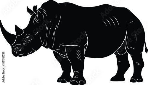 Standing rhinoceros silhouette vector illustration, massive safari wildlife animal graphic, endangered wild nature mammal, black rhino large horn design element, side view profile.