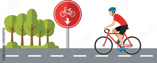 Bicycle rider passing a bike lane sign on transparent background