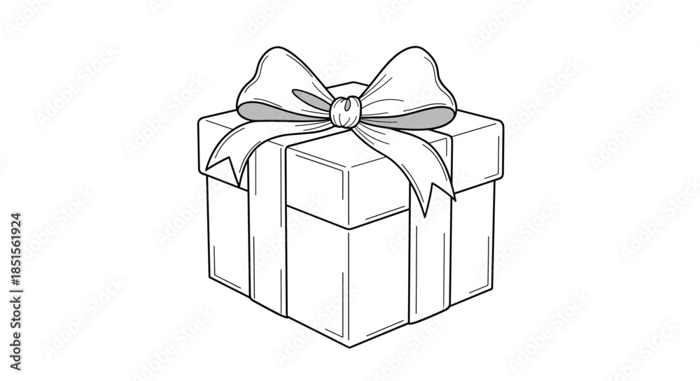 Obraz premium A simple black and white line art drawing of a gift box wrapped with a large, puffy bow, perfect for coloring books or minimalist designs.