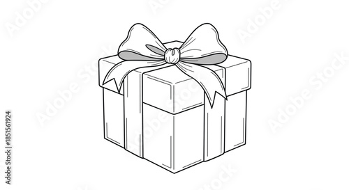 A simple black and white line art drawing of a gift box wrapped with a large, puffy bow, perfect for coloring books or minimalist designs.