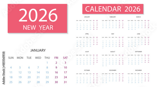 Full 12 months for wall calendar, isolated wall background. 2026 Creative minimal business monthly Calendar template vector.  White background English language. Printable vector illustration set.