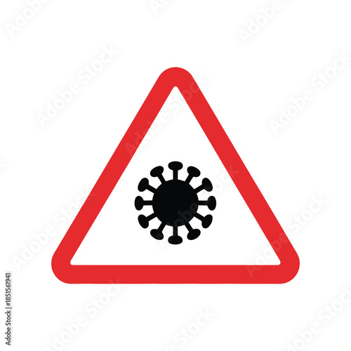 Triangle warning sign with coronavirus cell icon, red alert border for covid-19 medical safety and pandemic awareness, isolated on white background.