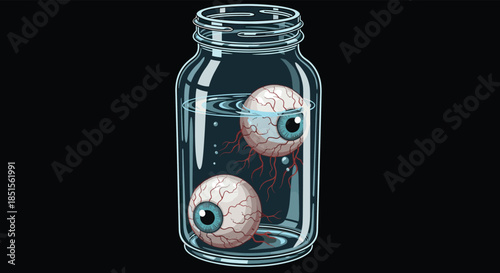 A spooky and detailed pixel art illustration of two veiny eyeballs floating in a glass jar filled with liquid, on a black background.