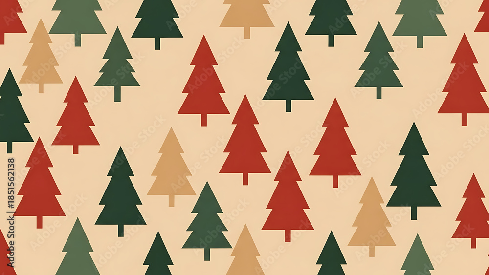 Obraz premium Seamless Festive Winter Pattern with Green, Red, and Gold Christmas Tree Silhouettes