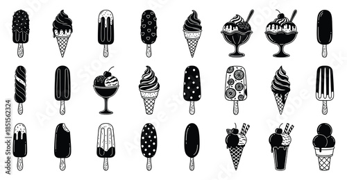 Black and white collection of various ice cream treats and popsicles cone dessert