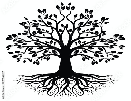 Black silhouette of a stylized tree with intricate roots and leaves white