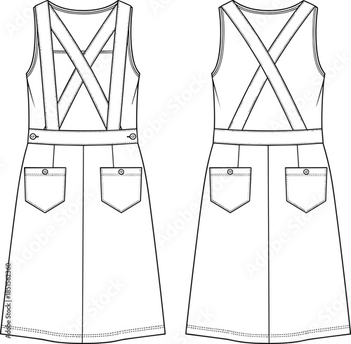 Technical Flat Fashion Drawing Jumper Dress Women's Apparel Crossover Back Straps A-Line Skirt Garment Template Sketch CAD Vector Illustration