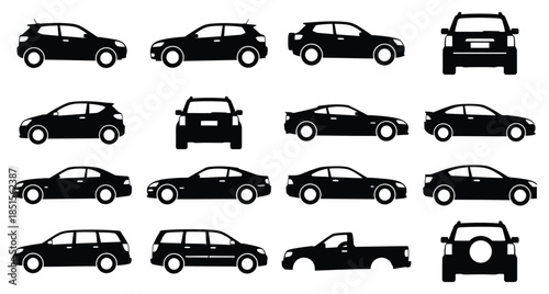 Collection of black car silhouettes in various views and types vehicle white