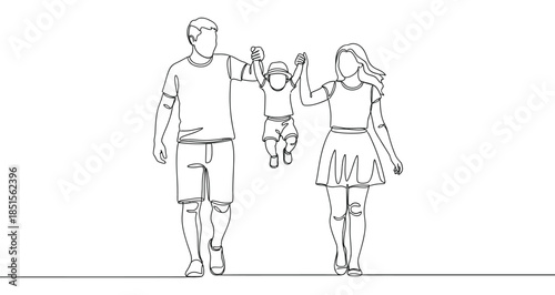 Continuous line drawing of a family walking with child held between parents people