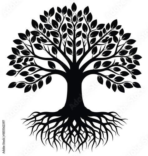 Black silhouette of a stylized tree with visible roots and leaves white