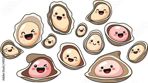 Cute kawaii oyster illustrations with happy faces on transparent background