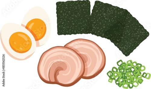 Ramen toppings of egg nori pork and green onion on transparent background