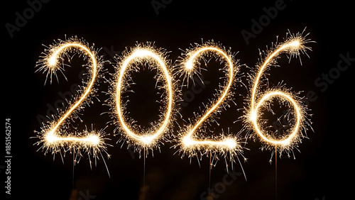 New Year 2026 Celebration with Wooden Blocks and Golden Fireworks Backdrop